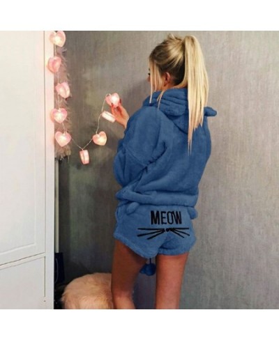 Women Coral Velvet Pajamas Set Autumn Winter Warm Pajamas Two Piece Set Sleepwear Cute Cat Meow Pattern Hoodies Shorts Set $3...