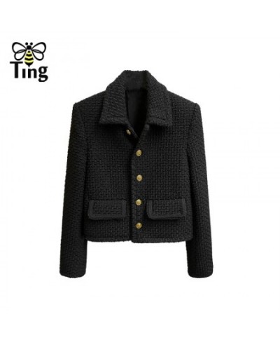 Designer Winter Autunn Fashion Single Breasted Jacket Coats Black Color Turn Down Collar Slim Casual Tweed Outerwear Za $64.9...