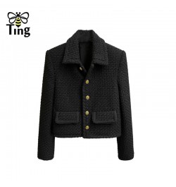 Designer Winter Autunn Fashion Single Breasted Jacket Coats Black Color Turn Down Collar Slim Casual Tweed Outerwear Za $64.9...