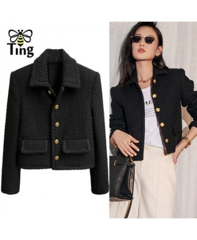 Designer Winter Autunn Fashion Single Breasted Jacket Coats Black Color Turn Down Collar Slim Casual Tweed Outerwear Za $64.9...