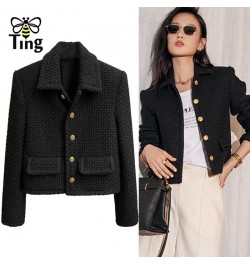 Designer Winter Autunn Fashion Single Breasted Jacket Coats Black Color Turn Down Collar Slim Casual Tweed Outerwear Za $64.9...