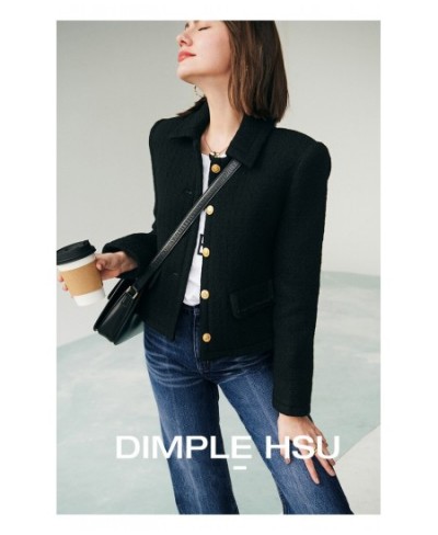 Designer Winter Autunn Fashion Single Breasted Jacket Coats Black Color Turn Down Collar Slim Casual Tweed Outerwear Za $64.9...