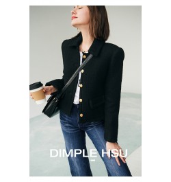 Designer Winter Autunn Fashion Single Breasted Jacket Coats Black Color Turn Down Collar Slim Casual Tweed Outerwear Za $64.9...