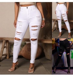 Women's Jeans Black White Stretch Vintage High Waist Straigh Jeans Holes Leggings Female Denim Pants Harajuku Trouser 4 $41.8...