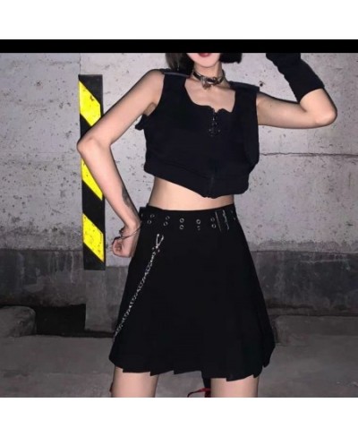 Harajuku Punk Pleated Skirts Women Gothic Black High Waist Sexy Dance Mini Skirt With Belt Chain Female Streetwear Summer $38...