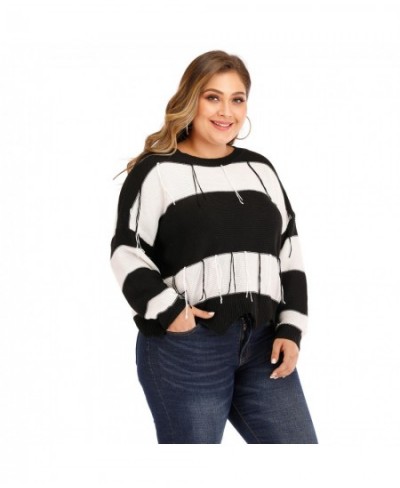 Autumn Winter Plus Size Sweater For Women Large Long Sleeve Loose Black White Stripe Backless Knit Pullover Tops 4XL 5XL 6XL ...