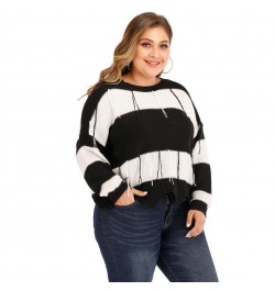 Autumn Winter Plus Size Sweater For Women Large Long Sleeve Loose Black White Stripe Backless Knit Pullover Tops 4XL 5XL 6XL ...