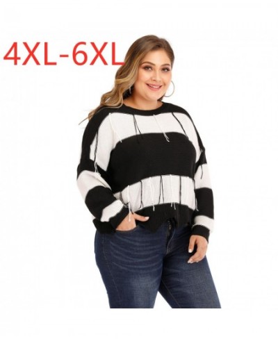 Autumn Winter Plus Size Sweater For Women Large Long Sleeve Loose Black White Stripe Backless Knit Pullover Tops 4XL 5XL 6XL ...