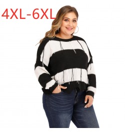 Autumn Winter Plus Size Sweater For Women Large Long Sleeve Loose Black White Stripe Backless Knit Pullover Tops 4XL 5XL 6XL ...