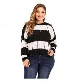 Autumn Winter Plus Size Sweater For Women Large Long Sleeve Loose Black White Stripe Backless Knit Pullover Tops 4XL 5XL 6XL ...