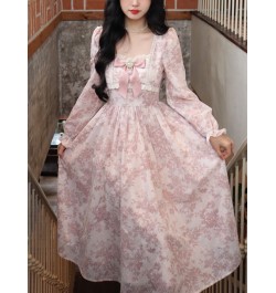 French Pink Girl Dress Kawaii Vintage Floral Midi Lace Dress Puff Sleeves Cute Sweet Evening Party Dress Fairy Long Sleeves $...