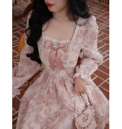 French Pink Girl Dress Kawaii Vintage Floral Midi Lace Dress Puff Sleeves Cute Sweet Evening Party Dress Fairy Long Sleeves $...