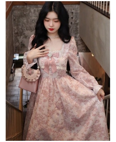 French Pink Girl Dress Kawaii Vintage Floral Midi Lace Dress Puff Sleeves Cute Sweet Evening Party Dress Fairy Long Sleeves $...