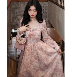 French Pink Girl Dress Kawaii Vintage Floral Midi Lace Dress Puff Sleeves Cute Sweet Evening Party Dress Fairy Long Sleeves $...