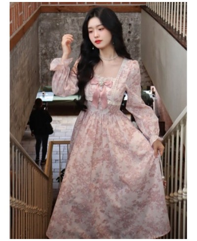 French Pink Girl Dress Kawaii Vintage Floral Midi Lace Dress Puff Sleeves Cute Sweet Evening Party Dress Fairy Long Sleeves $...