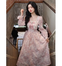 French Pink Girl Dress Kawaii Vintage Floral Midi Lace Dress Puff Sleeves Cute Sweet Evening Party Dress Fairy Long Sleeves $...