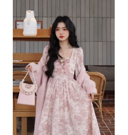 French Pink Girl Dress Kawaii Vintage Floral Midi Lace Dress Puff Sleeves Cute Sweet Evening Party Dress Fairy Long Sleeves $...