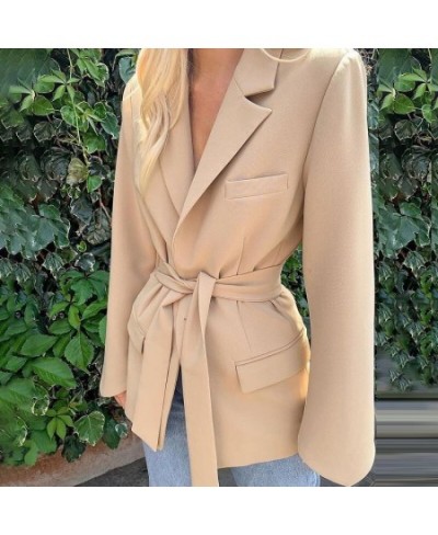 Women's Spring 2023 Fashion Blazer Slim Fit Business Blazer and New Tie Waist Jacket Retro Khaki Black Ladies Cardigan Tops $...