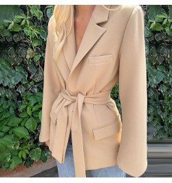 Women's Spring 2023 Fashion Blazer Slim Fit Business Blazer and New Tie Waist Jacket Retro Khaki Black Ladies Cardigan Tops $...