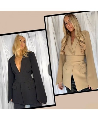 Women's Spring 2023 Fashion Blazer Slim Fit Business Blazer and New Tie Waist Jacket Retro Khaki Black Ladies Cardigan Tops $...