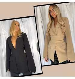 Women's Spring 2023 Fashion Blazer Slim Fit Business Blazer and New Tie Waist Jacket Retro Khaki Black Ladies Cardigan Tops $...