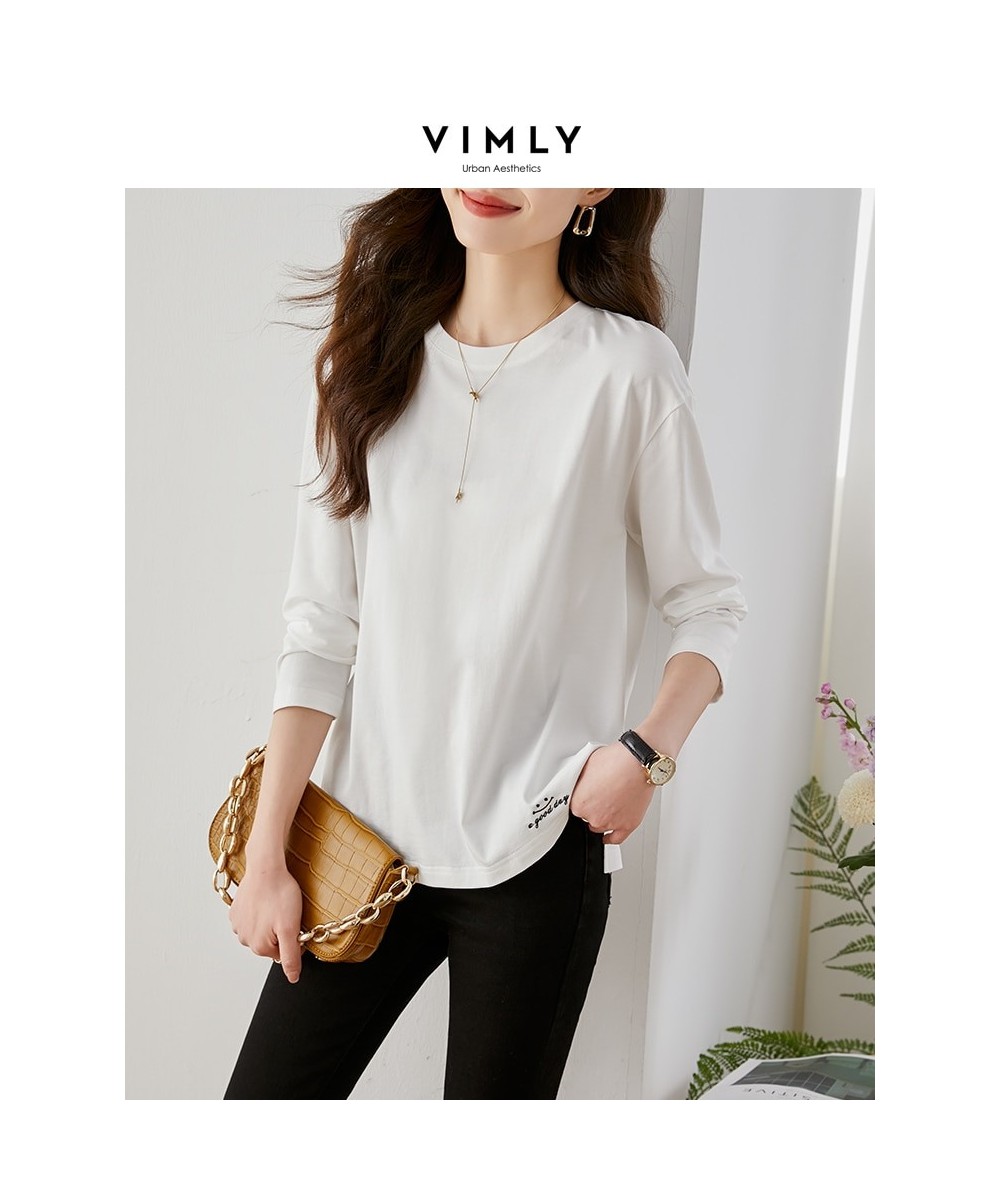 Loose White T-shirt for Women 2023 Spring Fashion 100% Cotton Embroidery Side Slit Long Sleeve Tops Basics Simple Tees $50.15...