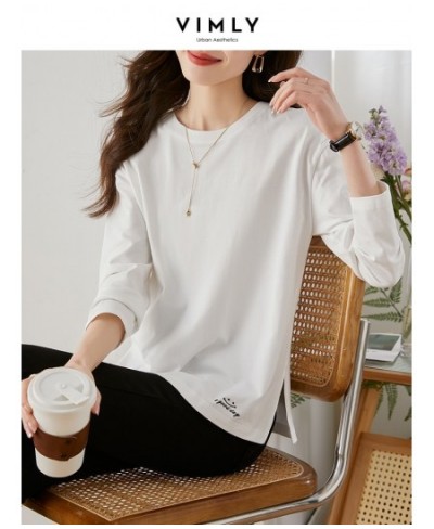 Loose White T-shirt for Women 2023 Spring Fashion 100% Cotton Embroidery Side Slit Long Sleeve Tops Basics Simple Tees $50.15...