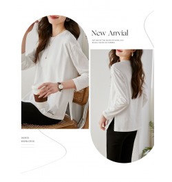 Loose White T-shirt for Women 2023 Spring Fashion 100% Cotton Embroidery Side Slit Long Sleeve Tops Basics Simple Tees $50.15...