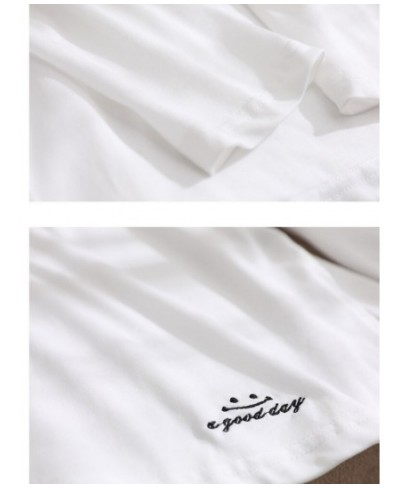 Loose White T-shirt for Women 2023 Spring Fashion 100% Cotton Embroidery Side Slit Long Sleeve Tops Basics Simple Tees $50.15...