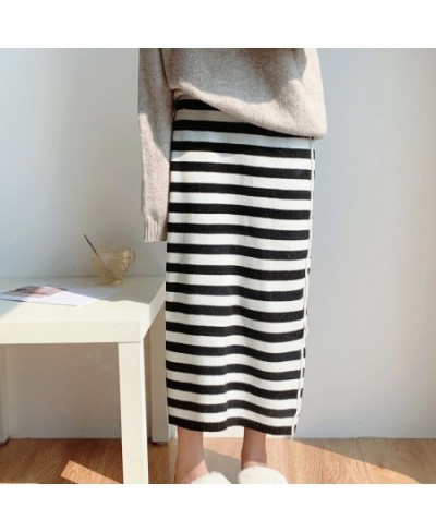 2022 Spring and Autumn Women's Medium Length Striped Skirt Straight Knit Skirt $48.87 - Skirts