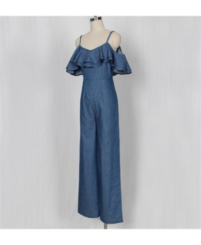 Blue S-XL Sexy European and American Women's Jumpsuit Spring and Summer Jeans Sexy Suspension Belt Low-breasted Lotus Leaf-ed...