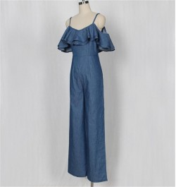 Blue S-XL Sexy European and American Women's Jumpsuit Spring and Summer Jeans Sexy Suspension Belt Low-breasted Lotus Leaf-ed...