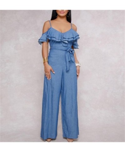 Blue S-XL Sexy European and American Women's Jumpsuit Spring and Summer Jeans Sexy Suspension Belt Low-breasted Lotus Leaf-ed...