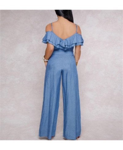 Blue S-XL Sexy European and American Women's Jumpsuit Spring and Summer Jeans Sexy Suspension Belt Low-breasted Lotus Leaf-ed...