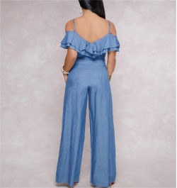 Blue S-XL Sexy European and American Women's Jumpsuit Spring and Summer Jeans Sexy Suspension Belt Low-breasted Lotus Leaf-ed...