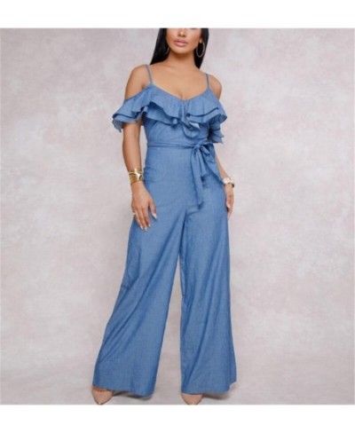 Blue S-XL Sexy European and American Women's Jumpsuit Spring and Summer Jeans Sexy Suspension Belt Low-breasted Lotus Leaf-ed...