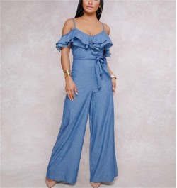 Blue S-XL Sexy European and American Women's Jumpsuit Spring and Summer Jeans Sexy Suspension Belt Low-breasted Lotus Leaf-ed...