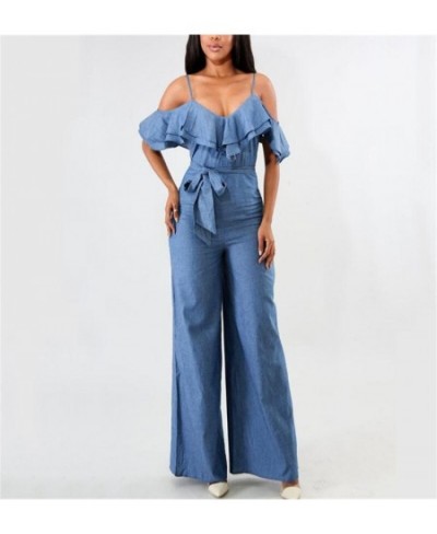 Blue S-XL Sexy European and American Women's Jumpsuit Spring and Summer Jeans Sexy Suspension Belt Low-breasted Lotus Leaf-ed...