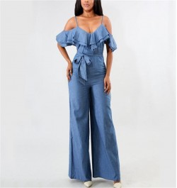 Blue S-XL Sexy European and American Women's Jumpsuit Spring and Summer Jeans Sexy Suspension Belt Low-breasted Lotus Leaf-ed...