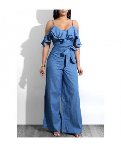 Blue S-XL Sexy European and American Women's Jumpsuit Spring and Summer Jeans Sexy Suspension Belt Low-breasted Lotus Leaf-ed...