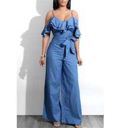 Blue S-XL Sexy European and American Women's Jumpsuit Spring and Summer Jeans Sexy Suspension Belt Low-breasted Lotus Leaf-ed...