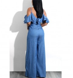 Blue S-XL Sexy European and American Women's Jumpsuit Spring and Summer Jeans Sexy Suspension Belt Low-breasted Lotus Leaf-ed...