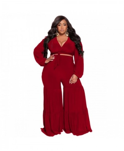 Plus Size Sets Sexy Deep V Neck Tie-up Long Sleeves Patchwork Wide Leg Pants Two Pieces Set Women Party Casual Outfits Autumn...