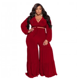 Plus Size Sets Sexy Deep V Neck Tie-up Long Sleeves Patchwork Wide Leg Pants Two Pieces Set Women Party Casual Outfits Autumn...