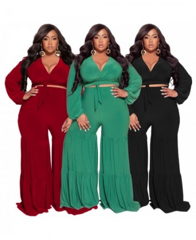 Plus Size Sets Sexy Deep V Neck Tie-up Long Sleeves Patchwork Wide Leg Pants Two Pieces Set Women Party Casual Outfits Autumn...