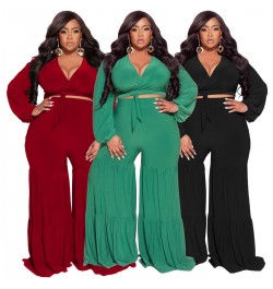 Plus Size Sets Sexy Deep V Neck Tie-up Long Sleeves Patchwork Wide Leg Pants Two Pieces Set Women Party Casual Outfits Autumn...