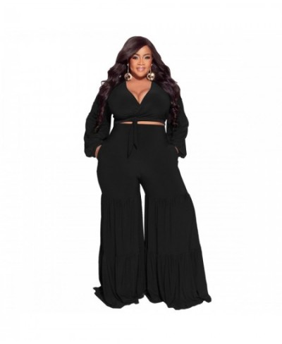 Plus Size Sets Sexy Deep V Neck Tie-up Long Sleeves Patchwork Wide Leg Pants Two Pieces Set Women Party Casual Outfits Autumn...