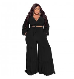 Plus Size Sets Sexy Deep V Neck Tie-up Long Sleeves Patchwork Wide Leg Pants Two Pieces Set Women Party Casual Outfits Autumn...