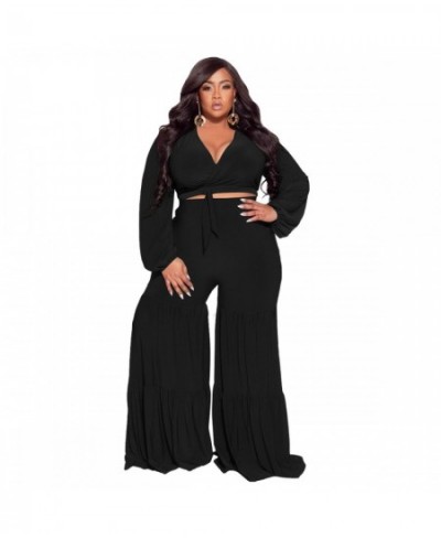 Plus Size Sets Sexy Deep V Neck Tie-up Long Sleeves Patchwork Wide Leg Pants Two Pieces Set Women Party Casual Outfits Autumn...