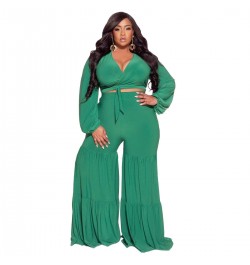 Plus Size Sets Sexy Deep V Neck Tie-up Long Sleeves Patchwork Wide Leg Pants Two Pieces Set Women Party Casual Outfits Autumn...